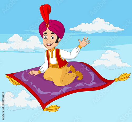 Fototapet Cartoon aladdin travelling on flying carpet