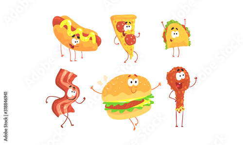 Funny Fast Food Cartoon Characters Collection, Hot Dog, Pizza, Tako, Ham Slice, Burger, Fried Chicken Drumstick, Cafe or Restaurant Menu Design Element Vector Illustration