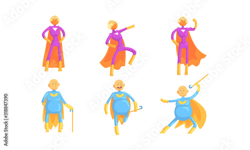 Funny Elderly Superheroes Collection, Grandfathers Wearing Colorful Comics Costumes Vector Illustration
