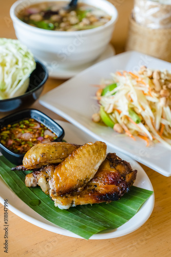 Grilled Chicken For Papaya Salad Combination (Thai Food)`