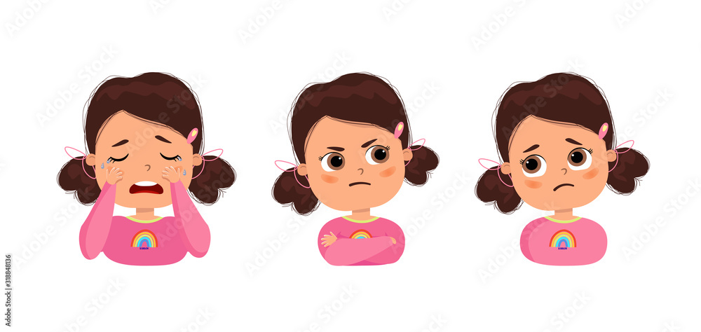 unhappy cute kid teen girl face expression emoji emoticon set. Emotions of sad resentment. Cartoon girl crying. Vector flat illustration. unhappy cute kid teen girl face expression emoji emoticon set. Emotions of sad resentment. Cartoon girl crying. Vector flat illustration.