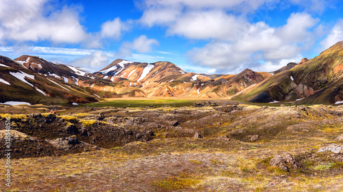 Amazing landscape, colorful volcanic mountains and valley Landmannalaugar in the Fjallabak nature reserve, Iceland. Outdoor travel background, panoramic view of famous tourist destination