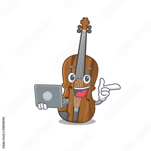 Smart character of violin working with laptop