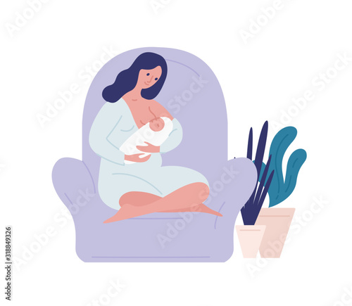 Caring mother breastfeed newborn baby at home vector flat illustration