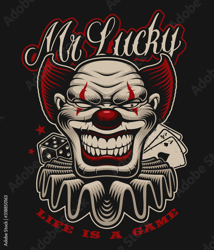 Coloured illustration of a scary clown in tattoo style.