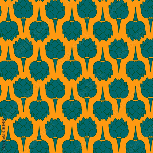 Seamless pattern with blue beer hops on the orange background, colorful vector illustration. Print or Poster Design, wrapping paper, Greeting Card, dishes and clothes.