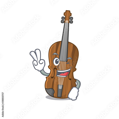 Smiley mascot of violin cartoon Character with two fingers