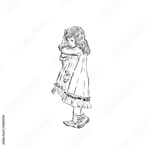 offended girl with dog, punished child, unhappy kid
