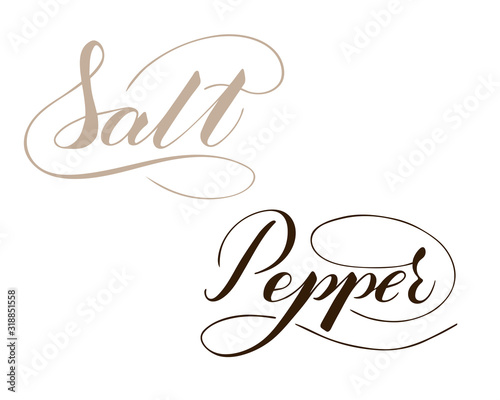 Vector hand written salt and pepper text isolated on white background. Kitchen healthy spices for cooking. Script brushpen lettering with flourishes. Handwriting for banner, poster, product label