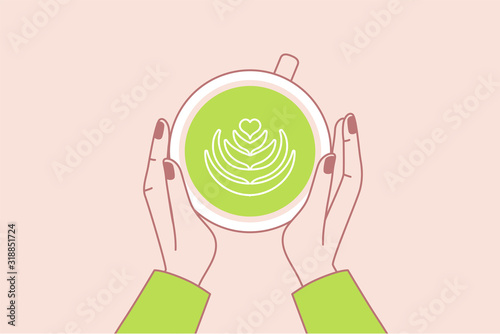 Vector simple illustration in trendy linear minimal style - green matcha tea - hands holding a cup with matcha latte in a cafe