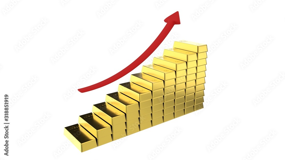 Rising gold prices concept. Red arrow above gold ingots. 3D-rendering Rising gold prices concept. Red arrow above gold ingots. 3D-rendering