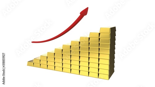 Rising gold prices concept. Red arrow above gold ingots. 3D-rendering