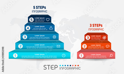 Pyramid shape elements of graph,diagram with steps on world map background. Creative business data visualization.
