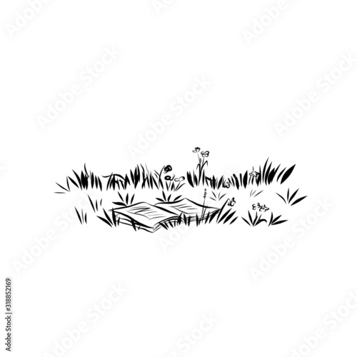 open book lies in a clearing with grass, graphic drawing of nature