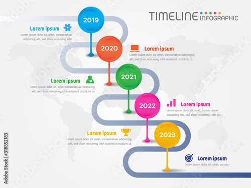 Signboard shape elements of milestone, road map, timeline with world map grey background