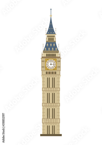 Big Ben tower in London, UK, isolated on a white background. Vector illustration, flat style.