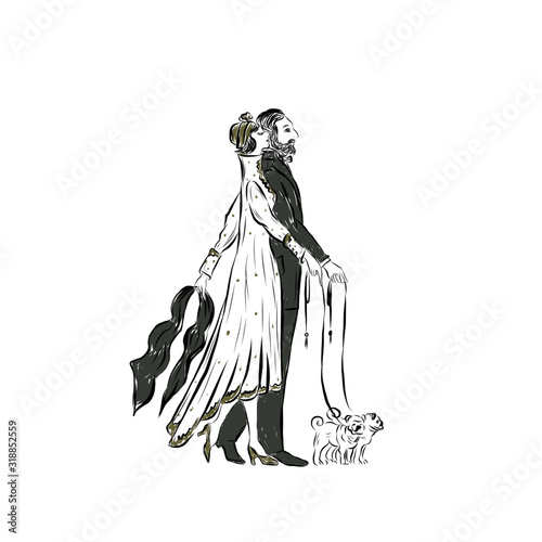 couple man and woman walking with a dog in vintage clothes