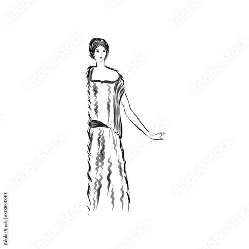 Woman In Art Nouveau Style, Fashion Female Silhouette, Hand Drawn Stylish Accessories, Vintage Clothes. 