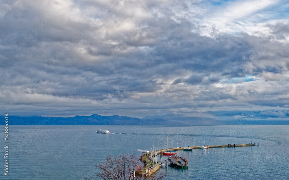 Lake view over Lac Leman in Evian-les-Bains in France in winter