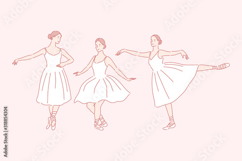 Dancing, ballet, teaching set concept. Young woman is russian ballet dancer. Graceful girl is being taught ballet. Cheerful female ballerina loves dancing and doing perfomance. Simple flat vector.