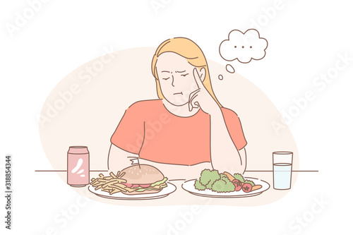 Diet, weight loss, choice, fast or vegan food concept. Young thoughtful woman cant choose between fast or vegetarian food. Fat girl is thinking about junk and healthy food. Simple flat vector