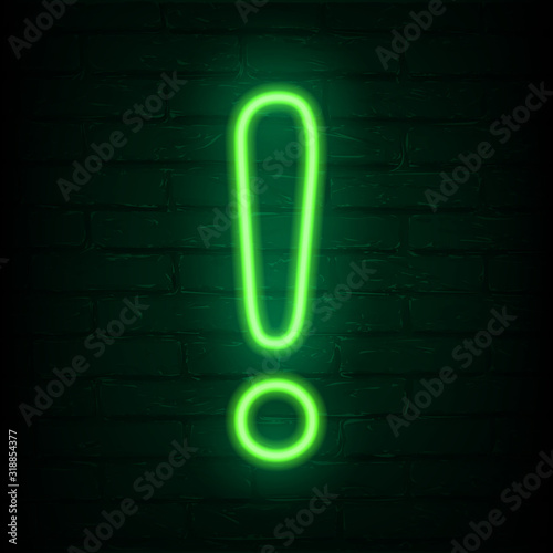 Neon green exclamation mark on dark brick wall. Cinema, show, theatre, circus, casino design. Intellectual sign. Laser diode lamp. Night party pointer. Creative vector illustration.