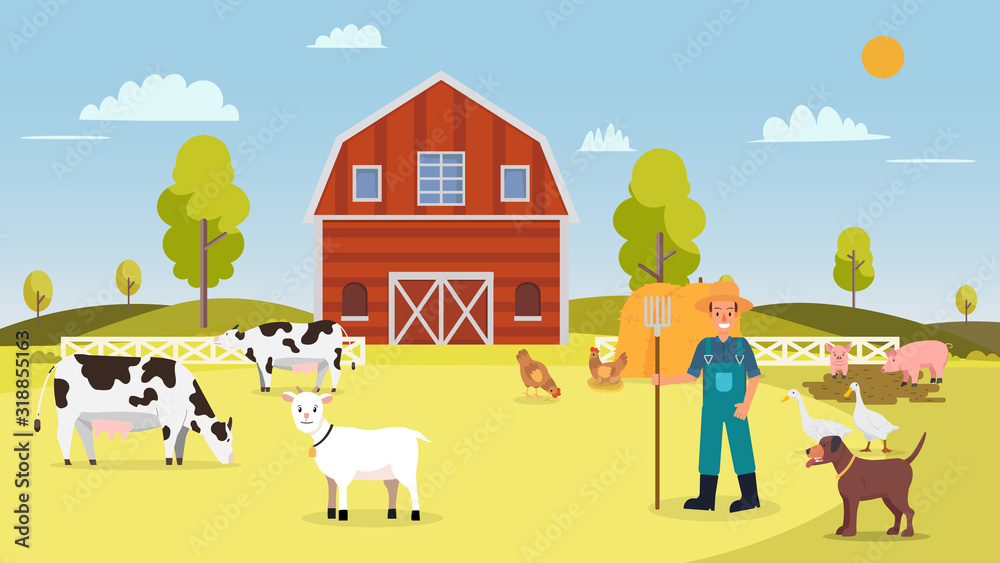 Nature farm with animal in summer.Farm with cows ,hen, goose, duck, pig, dog, goat, barn , farmer and hays.Landscape with farm vector illustration.Rural farm scene flat design.Animal farming concept Nature farm with animal in summer.Farm with cows ,hen, goose, duck, pig, dog, goat, barn , farmer and hays.Landscape with farm vector illustration.Rural farm scene flat design.Animal farming concept