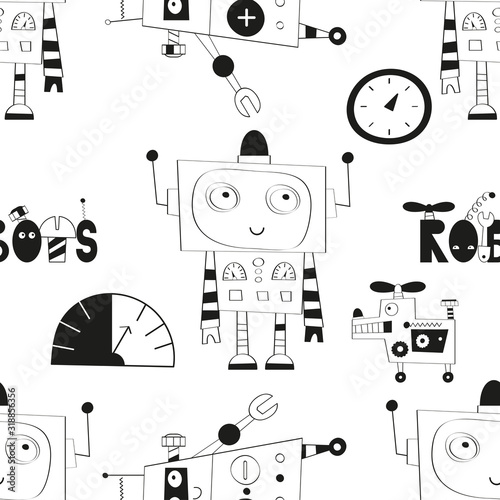 Monochrome seamless pattern with cute robot and dog transformer characters in Scandinavian style. Vector Illustration. Kids poster for nursery design. Great for baby textile, clothing, wrapping paper.