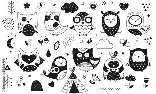 Cute scandinavian owls. Hand drawn. Doodle cartoon owls for nursery posters, cards, t-shirts. Monochrome vector illustration. Flowers, wigwam and plants.