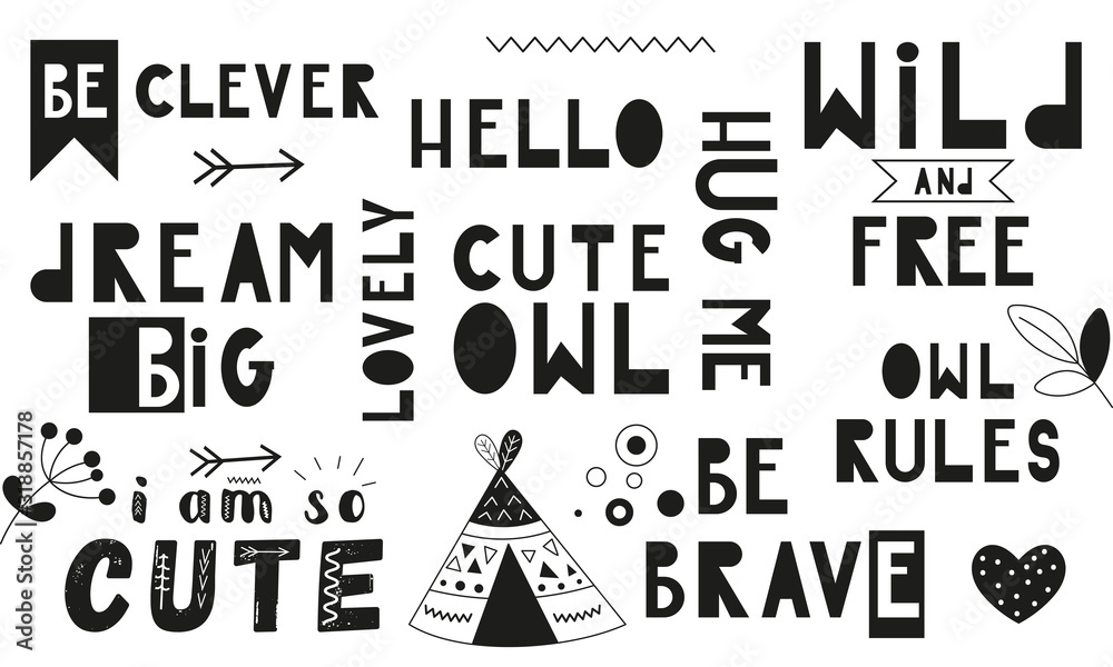 Monochrome set of hand drawn space quotes, phrases and words. Graphic ...