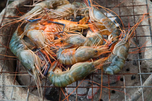 shrimp grilled bbq seafood on stove, outdoor food