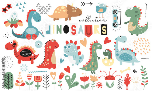 Cute dinosaurs and floral collection - leaves, flowers, plants. Hand drawn. Doodle cartoon dino characters for nursery posters, cards, kids t-shirts. Vector illustration. Isolated on white background.