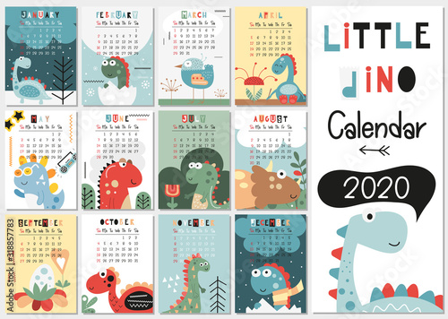 Dino Calendar 2020. Yearly Planner Calender with all Months. Templates with cute hand drawn dinosaurs. Vector illustration. Great for kids  nursery  poster and printable.