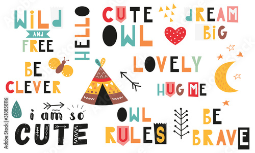 Colorful set of hand drawn space quotes, phrases and words. Graphic design for t-shirt, posters, greeting cards. Vector illustration. Owls theme.