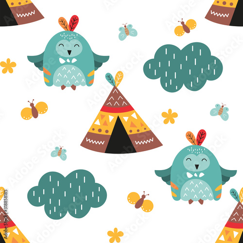 Colorful seamless pattern with cute forest owls and wigwams in Scandinavian style. Vector Illustration. Great for baby clothes, greeting card, wrapping paper. White background.