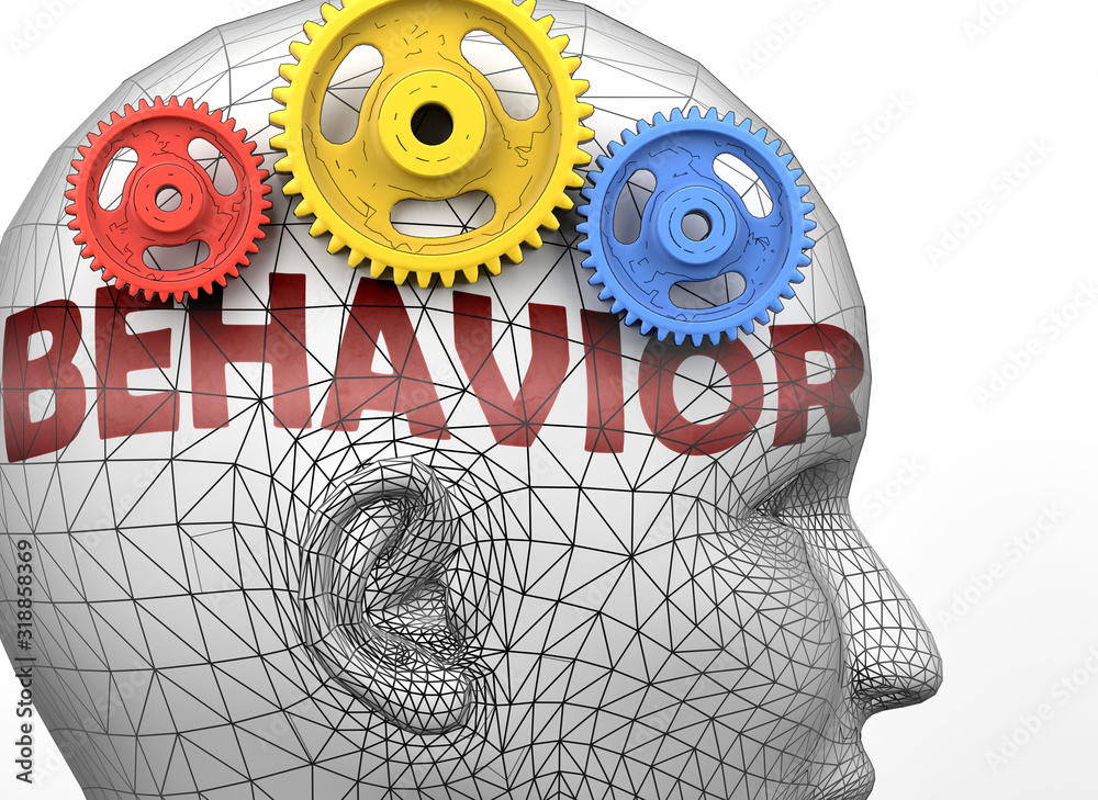 Behavior and human mind - pictured as word Behavior inside a head to symbolize relation between Behavior and the human psyche, 3d illustration - obrazy, fototapety, plakaty 