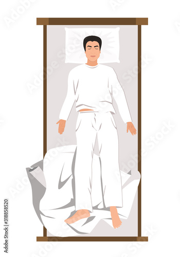 Young man sleeping in bed at home. Top view, vector illustration