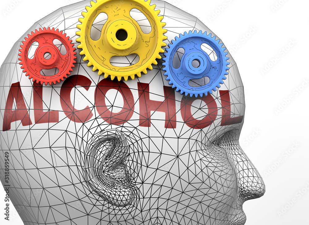 Alcohol and human mind pictured as word Alcohol inside a head to