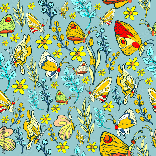 Seamless Floral Pattern with Butterflies