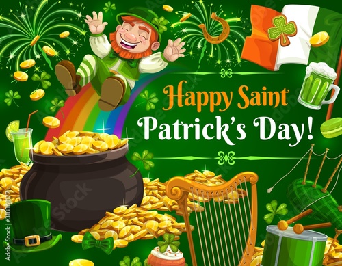 Patricks Day leprechaun sliding down on rainbow into pot of gold, vector. Irish holiday shamrock, green beer and clover leaves, golden coins, horseshoe, flag of Ireland and treasure cauldron