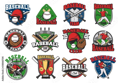 Baseball sport vector icons and badges, game cup and team symbols. Softball school, team, league icons of baseball, catcher player and batter with bat and ball