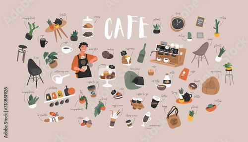 Cafe hand drawn collection . Cartoon coffee shop infographic set. Small business, houseplant and interior decoration, logo lettering and quote, barista, waiter character. Vector