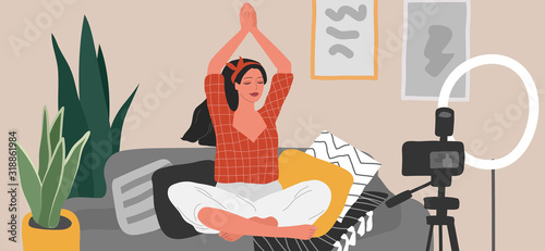 Woman meditates in home interior. Cartoon