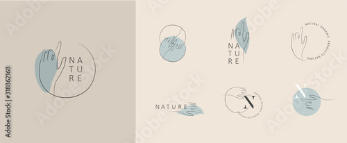 Logo design template in trendy linear minimal style. Vector abstract hands. Abstract symbol for organic products, beauty cosmetics, jewellery