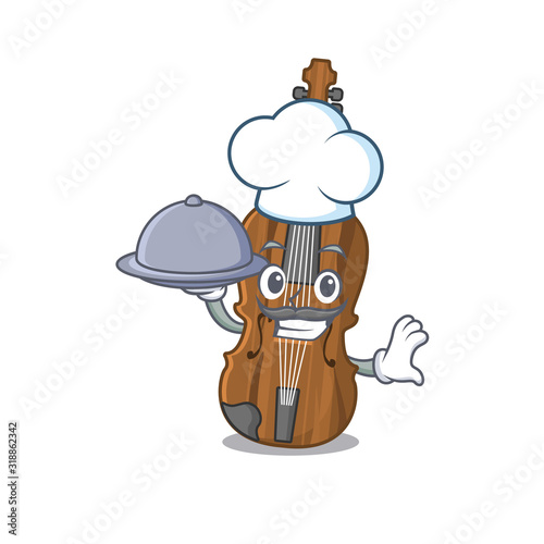 cartoon design of violin as a Chef having food on tray