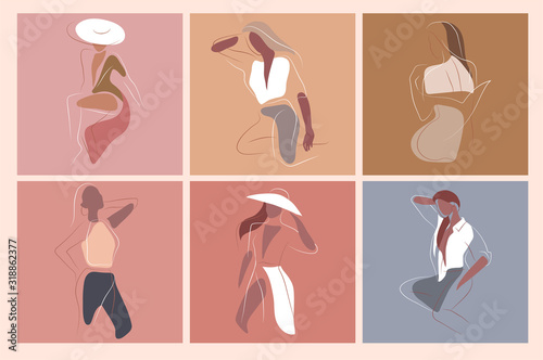 Feminine concept design template and illustration. Woman in minimal linear style Fashion illustration by femininity, beauty and modern art. Abstract poster and t-shirt print