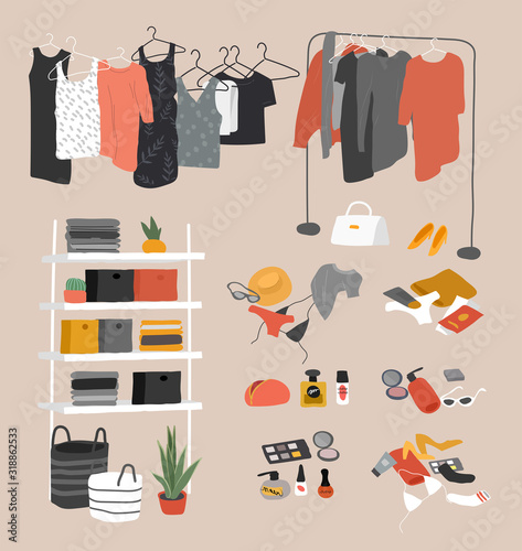 Set of wardrobe stuff. Closet wardrobe furniture inside. Various bag, shoes, cosmetics and trendy clother. Interior things in scandinavian design style. Hand drawn isolated elements