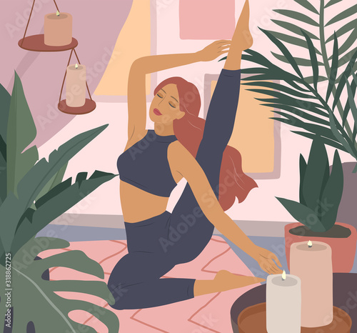 Cute girl doing yoga poses. Lifestyle by young woman in home interior with homeplants. Fashion illustration by femininity, beauty and mental health. Feminine cartoon