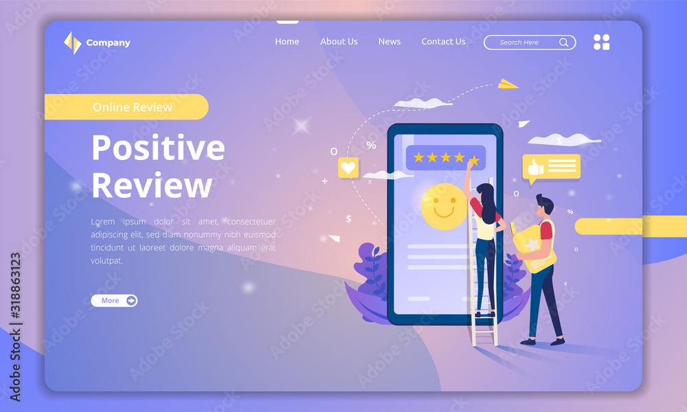 Landing page with illustration of positive review for customer feedback concept Landing page with illustration of positive review for customer feedback concept