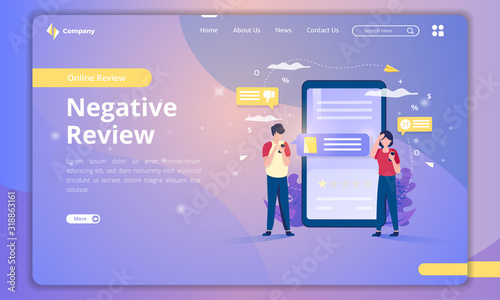 Landing page with illustration of negative review for customer feedback concept